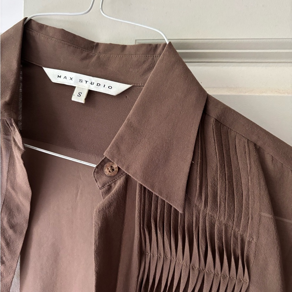 Max Studio Sheer Pleated Blouse Top brown XSM-SM